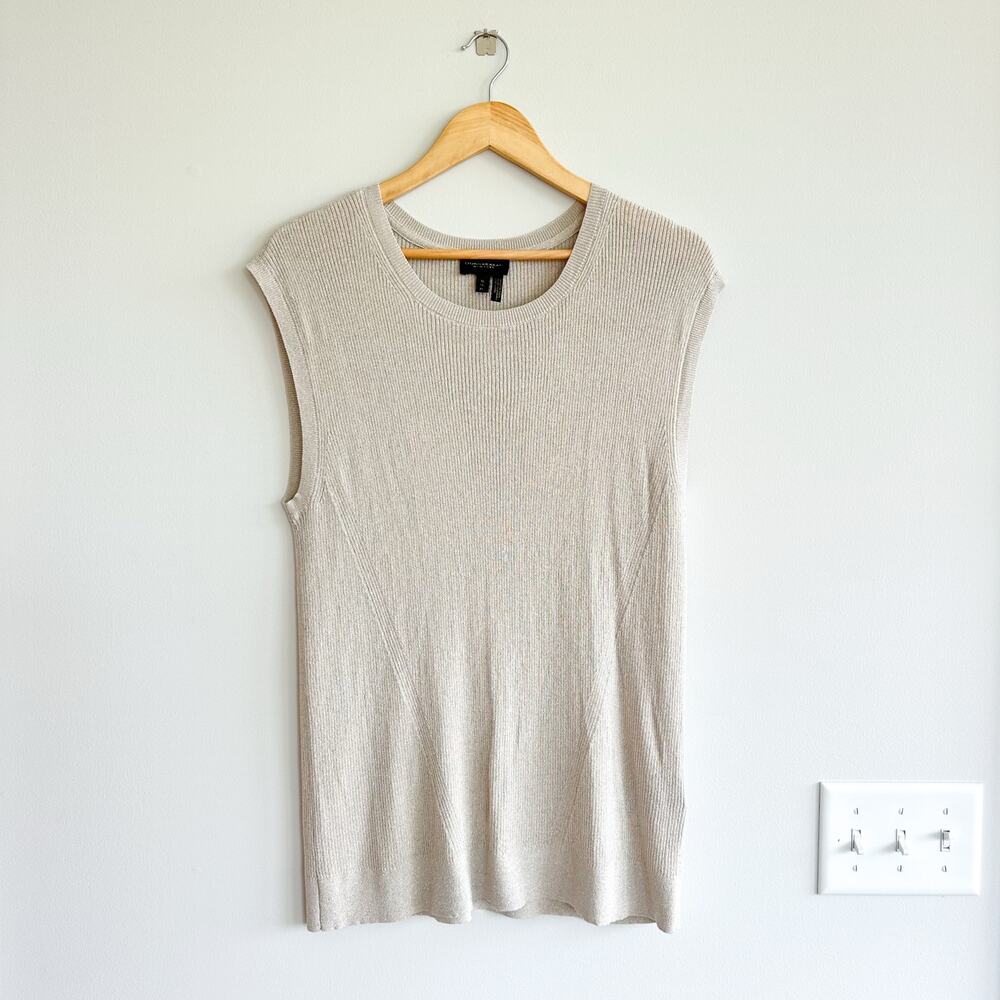 Donna Karan New York Metallic Knit Sleeveless Crew Neck Sweater Tank Cream XL